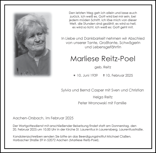 Traueranzeige von Marliese Reitz-Poel von Aachener Zeitung