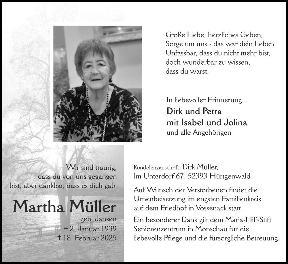  Traueranzeige für Martha Müller vom 23.02.2025 aus Zeitung am Sonntag