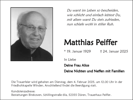 Traueranzeige von Matthias Peiffer von Zeitung am Sonntag
