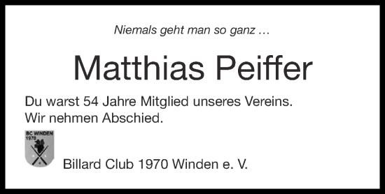 Traueranzeige von Matthias Peiffer von Zeitung am Sonntag
