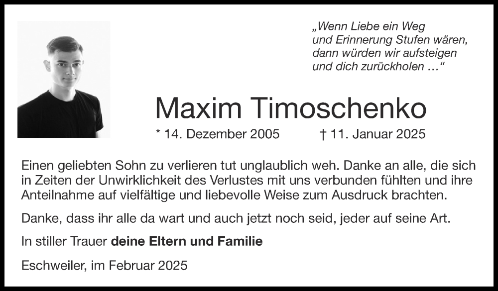 Traueranzeige für Maxim Timoschenko vom 23.02.2025 aus Zeitung am Sonntag