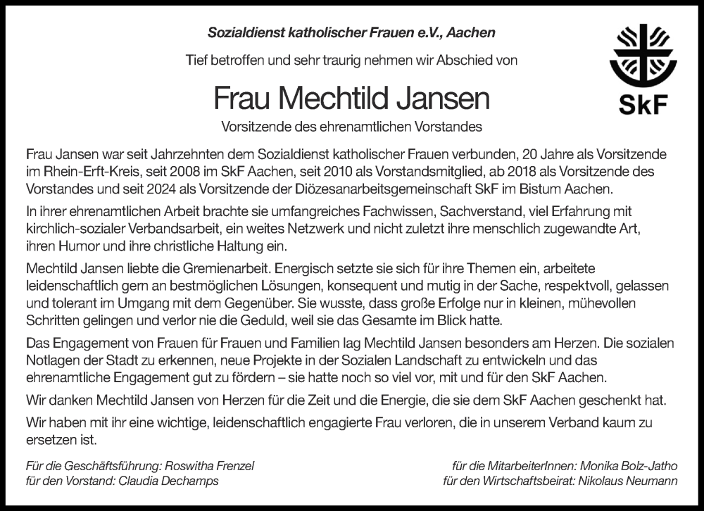  Traueranzeige für Mechtild Jansen vom 08.02.2025 aus Aachener Zeitung