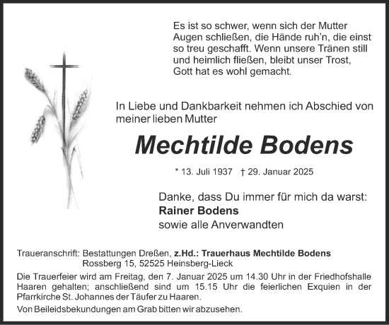 Traueranzeige von Mechtilde Bodens von Zeitung am Sonntag