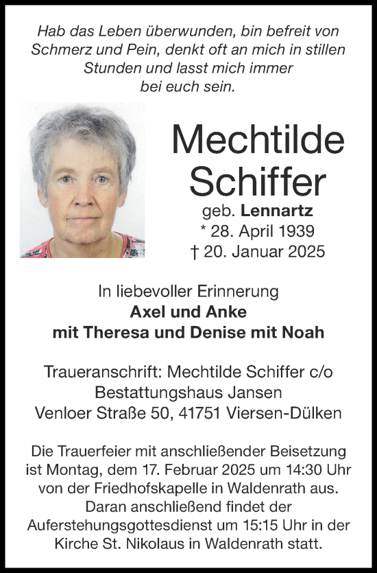 Traueranzeige von Mechtilde Schiffer von Zeitung am Sonntag