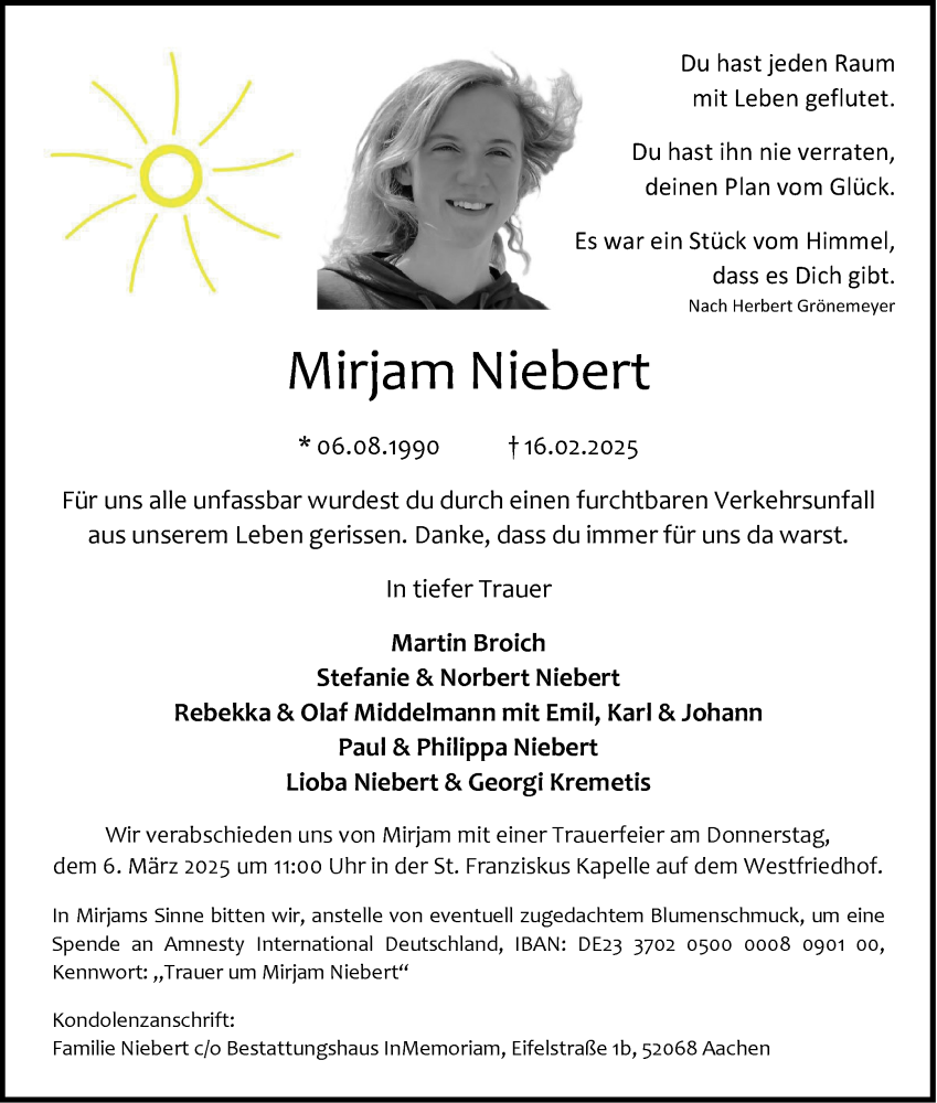  Traueranzeige für Mirjam Niebert vom 22.02.2025 aus Aachener Zeitung