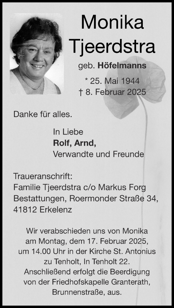  Traueranzeige für Monika Tjeerdstra vom 16.02.2025 aus Zeitung am Sonntag