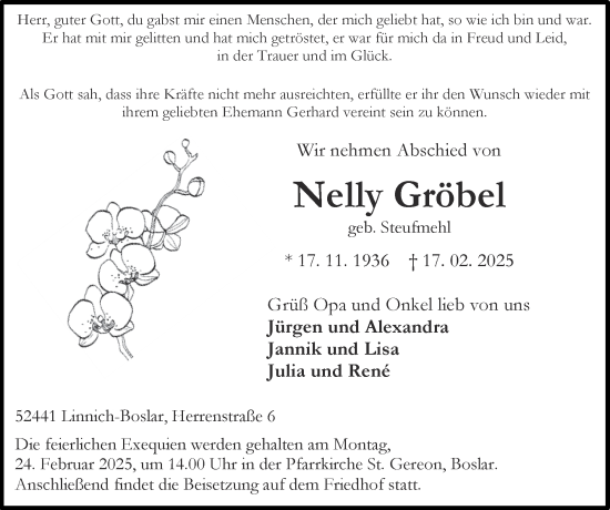 Traueranzeige von Nelly Gröbel von Zeitung am Sonntag