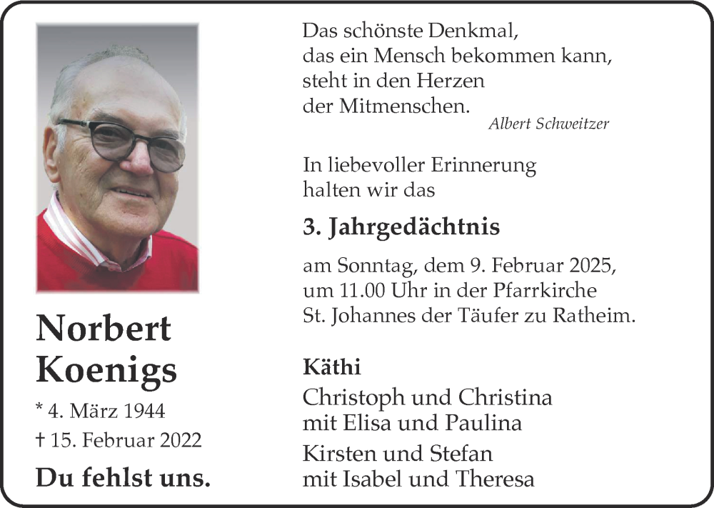  Traueranzeige für Norbert Koenigs vom 02.02.2025 aus Zeitung am Sonntag