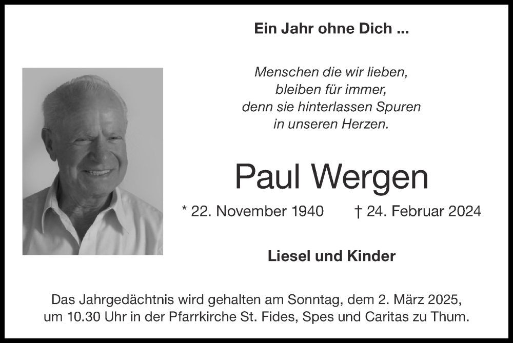  Traueranzeige für Paul Wergen vom 23.02.2025 aus Zeitung am Sonntag