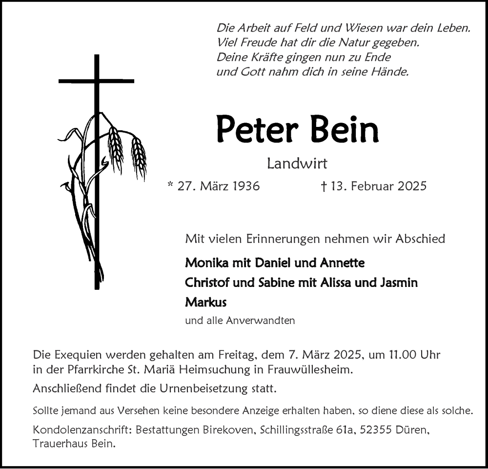  Traueranzeige für Peter Bein vom 23.02.2025 aus Zeitung am Sonntag