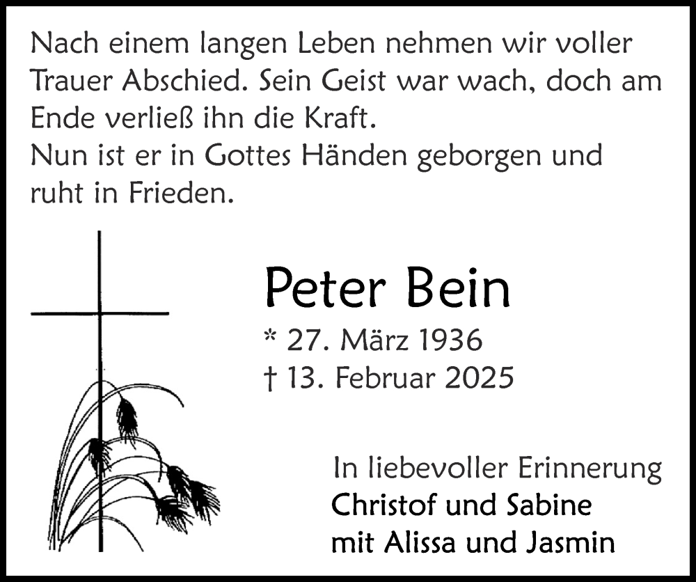  Traueranzeige für Peter Bein vom 23.02.2025 aus Zeitung am Sonntag