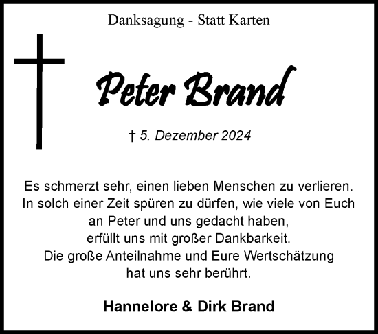 Traueranzeige von Peter Brand von Zeitung am Sonntag