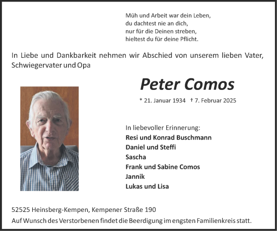 Traueranzeige von Peter Comos von Zeitung am Sonntag