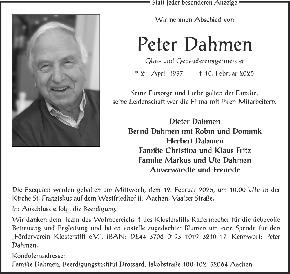  Traueranzeige für Peter Dahmen vom 15.02.2025 aus Aachener Zeitung