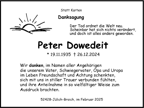 Traueranzeige von Peter Dowedeit von Zeitung am Sonntag