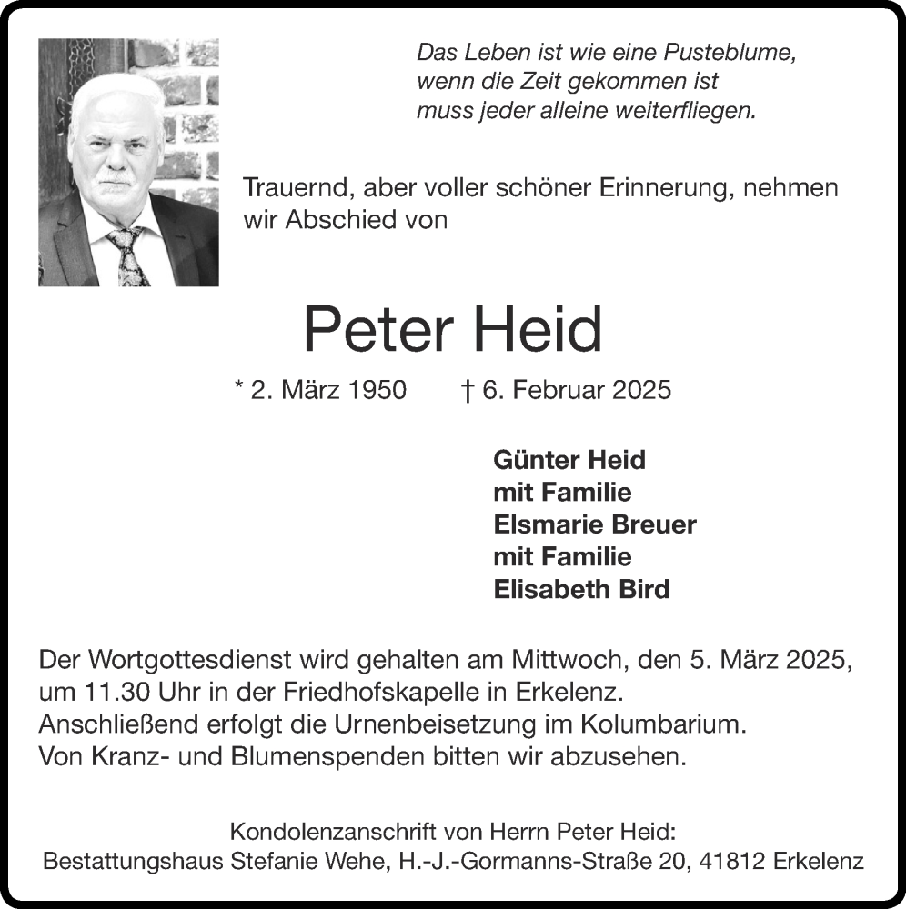  Traueranzeige für Peter Heid vom 16.02.2025 aus Zeitung am Sonntag