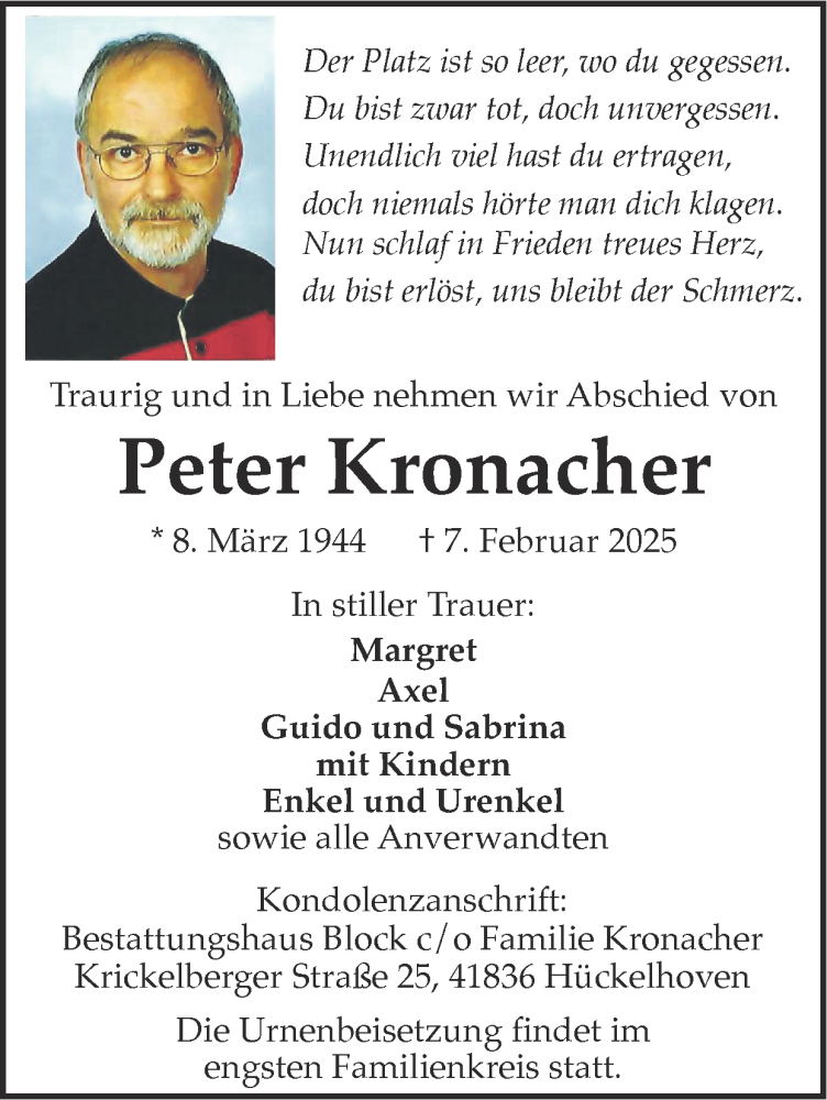  Traueranzeige für Peter Kronacher vom 23.02.2025 aus Zeitung am Sonntag