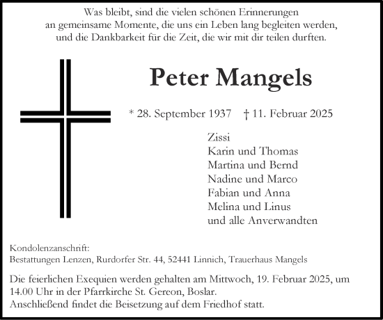 Traueranzeige von Peter Mangels von Zeitung am Sonntag