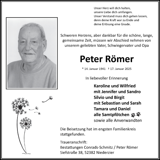 Traueranzeige von Peter Römer von Zeitung am Sonntag