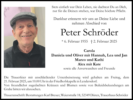 Traueranzeige von Peter Schröder von Zeitung am Sonntag