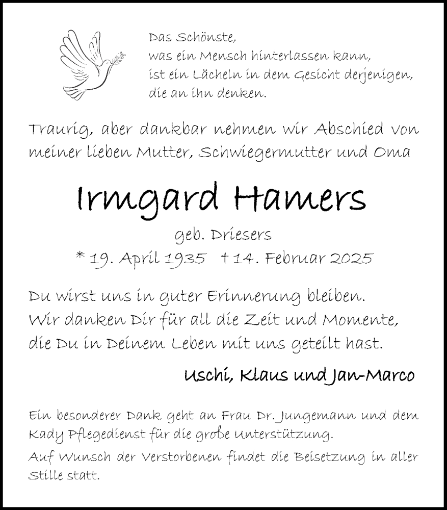  Traueranzeige für Regina Hamers vom 23.02.2025 aus Zeitung am Sonntag