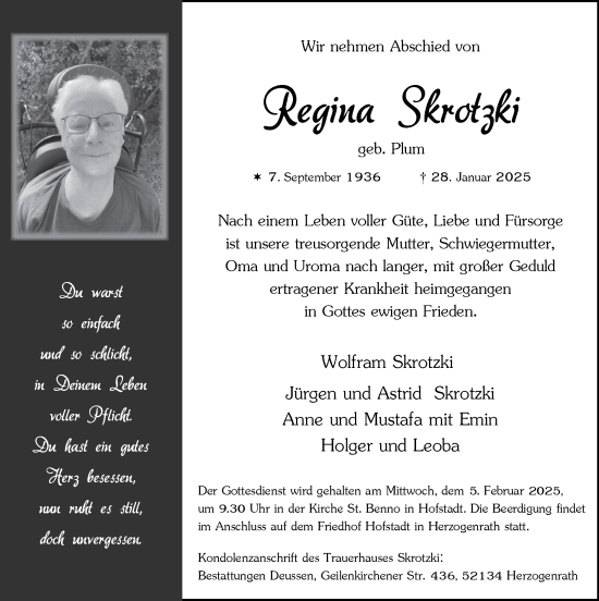 Traueranzeige von Regina Skrotzki von Zeitung am Sonntag
