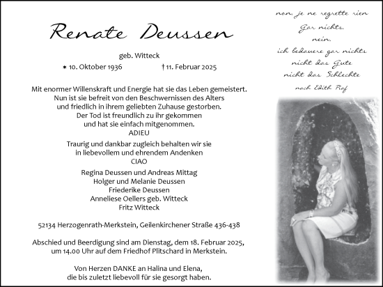 Traueranzeige von Renate Deussen von Zeitung am Sonntag