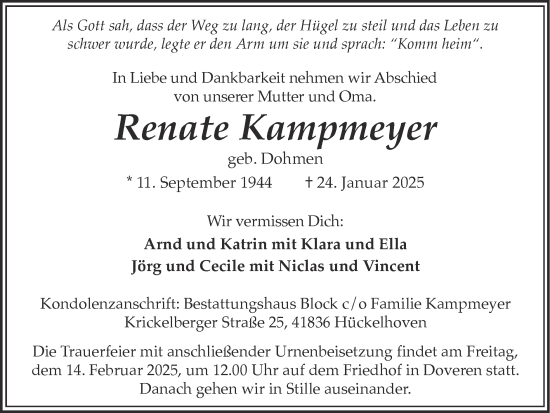 Traueranzeige von Renate Kampmeyer von Zeitung am Sonntag