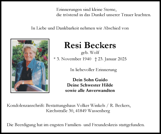 Traueranzeige von Resi Beckers von Zeitung am Sonntag