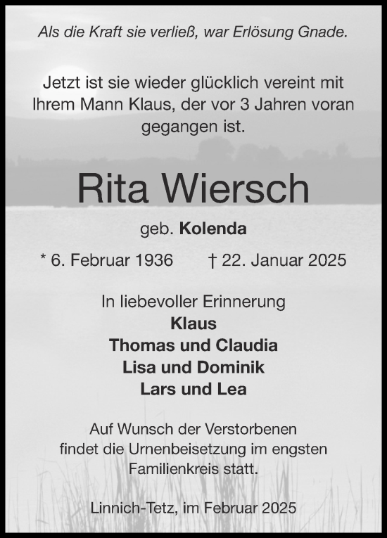Traueranzeige von Rita Wiersch von Zeitung am Sonntag