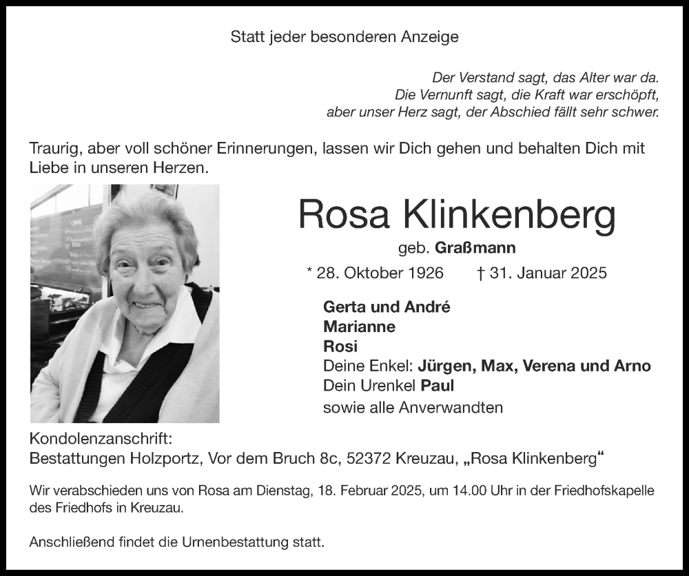  Traueranzeige für Rosa Klinkenberg vom 09.02.2025 aus Zeitung am Sonntag