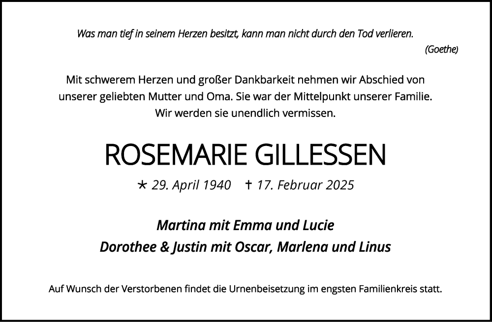  Traueranzeige für Rosemarie Gillessen vom 23.02.2025 aus Zeitung am Sonntag