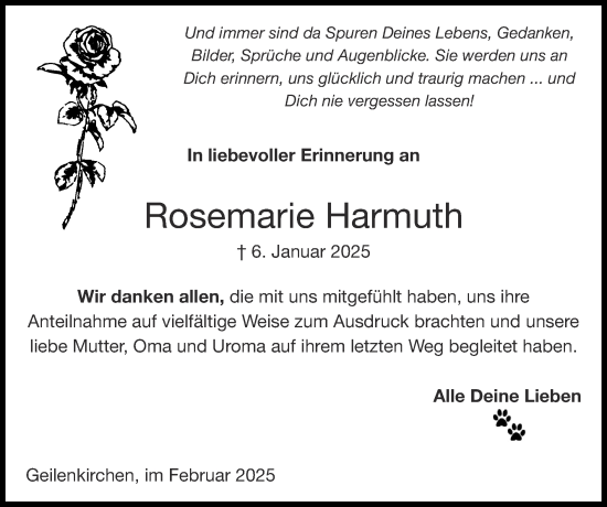 Traueranzeige von Rosemarie Harmuth von Zeitung am Sonntag