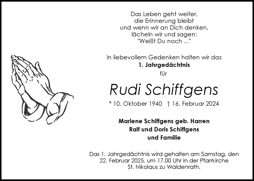  Traueranzeige für Rudi Schiffgens vom 09.02.2025 aus Zeitung am Sonntag