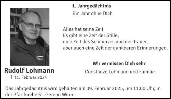 Traueranzeige von Rudolf Lohmann von Zeitung am Sonntag