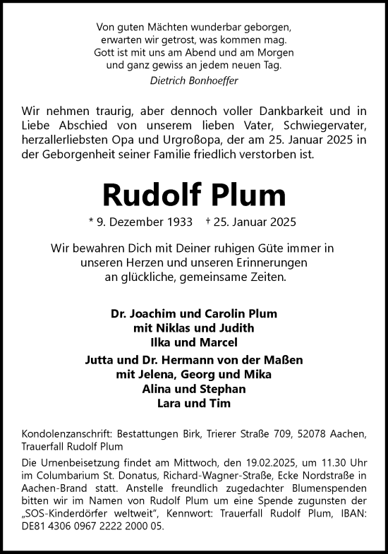 Traueranzeige von Rudolf Plum von Aachener Zeitung