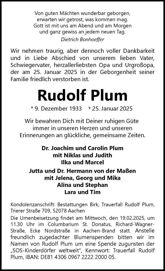 Traueranzeige von Rudolf Plum von Zeitung am Sonntag