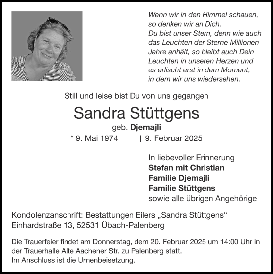 Traueranzeige von Sandra Stüttgens von Zeitung am Sonntag