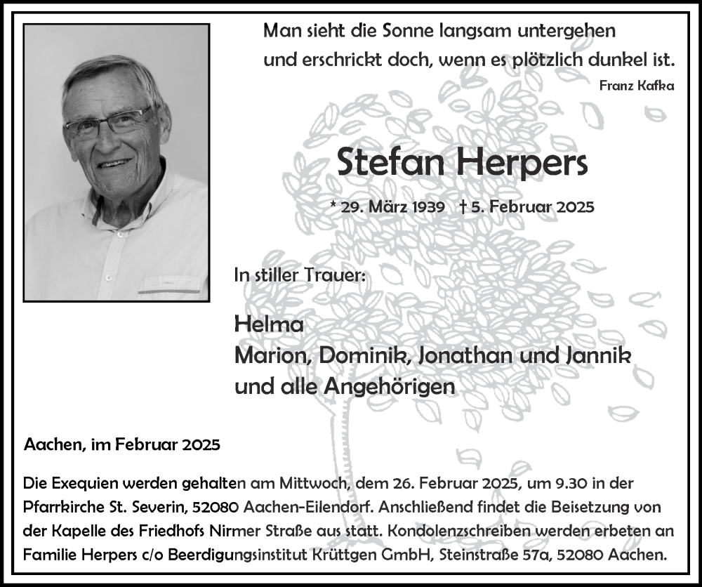  Traueranzeige für Stefan Herpers vom 23.02.2025 aus Zeitung am Sonntag