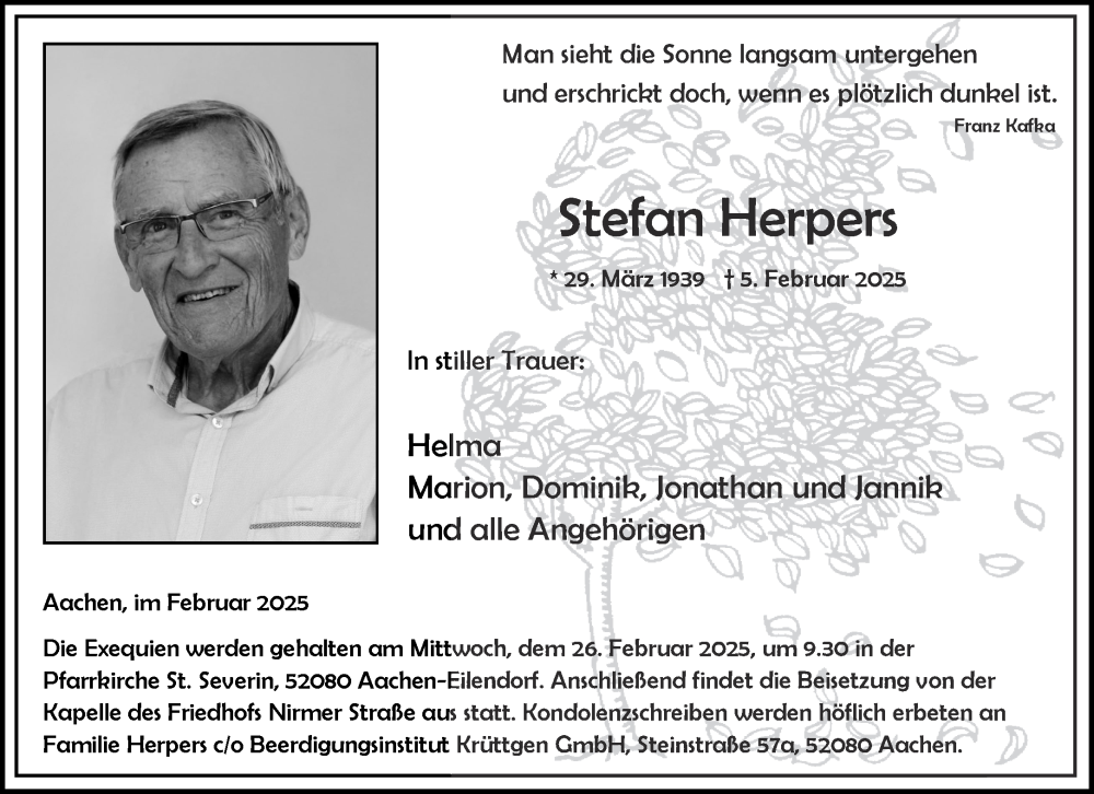  Traueranzeige für Stefan Herpers vom 22.02.2025 aus Aachener Zeitung