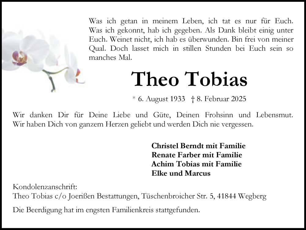  Traueranzeige für Theo Tobias vom 16.02.2025 aus Zeitung am Sonntag