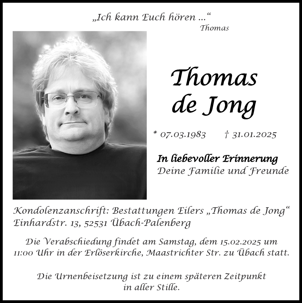  Traueranzeige für Thomas de Jong vom 09.02.2025 aus Zeitung am Sonntag