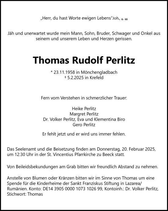 Traueranzeige von Thomas  Perlitz von Zeitung am Sonntag