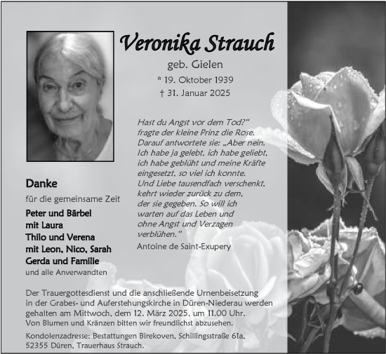 Traueranzeige von Veronika Strauch von Zeitung am Sonntag