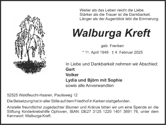 Traueranzeige von Walburga Kreft von Zeitung am Sonntag