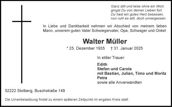 Traueranzeige von Walter Müller von Zeitung am Sonntag