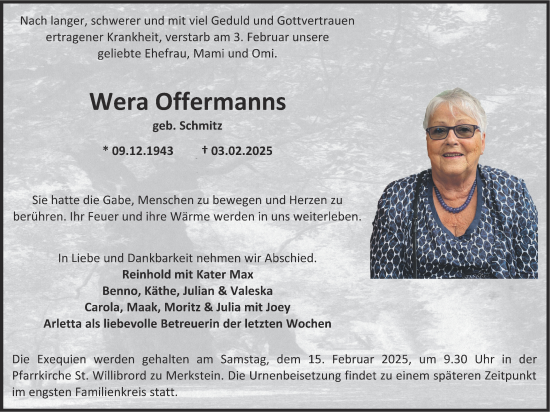 Traueranzeige von Wera Offermanns von Zeitung am Sonntag