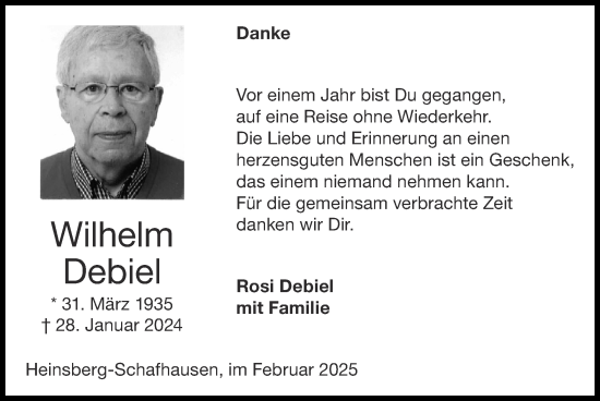 Traueranzeige von Wilhelm Debiel von Zeitung am Sonntag