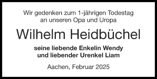 Traueranzeige von Wilhelm Heidbüchel von Zeitung am Sonntag