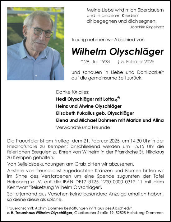 Traueranzeige von Wilhelm Olyschläger von Zeitung am Sonntag